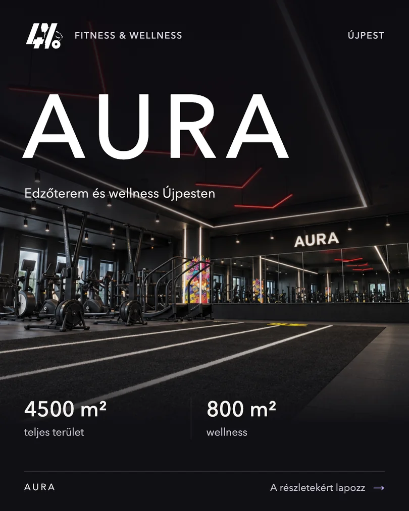 AURA: sötét edzőtér, világító mennyezeti vonalak és graffiti oszlopok. 4500 m² teljes terület, 800 m² wellness.